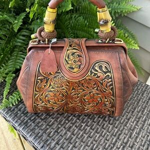 Brown and Gold Embossed Handbag